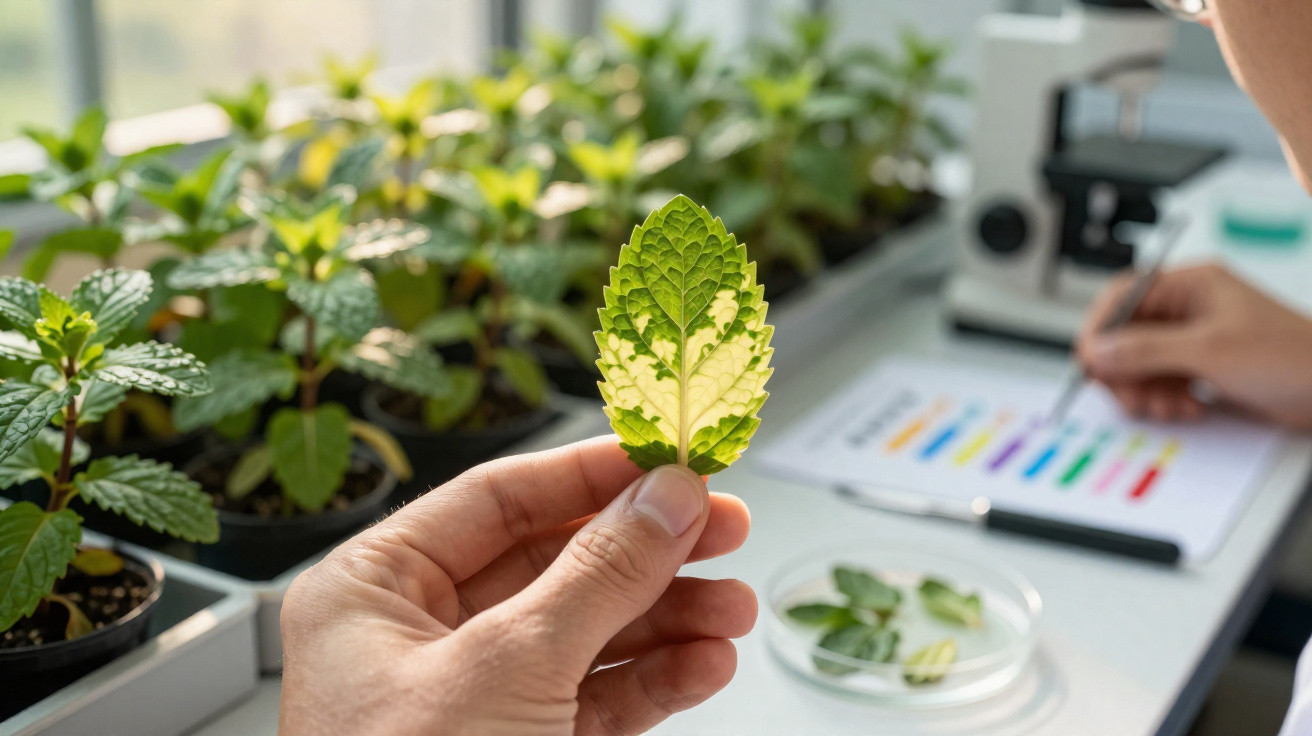 Mãos de cientista seguram folha de planta com gotas de água num laboratório com várias plantas em vasos.