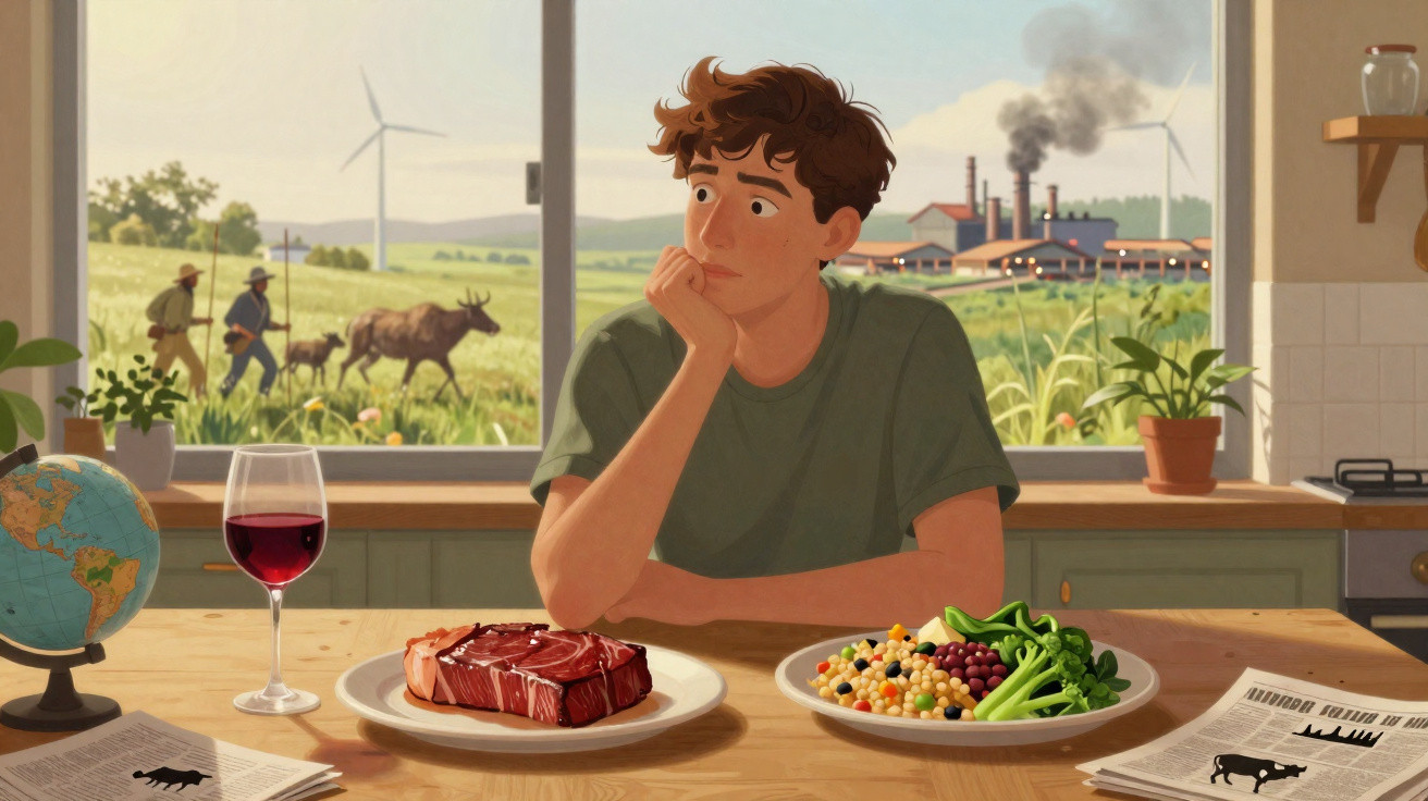 Homem sentado a olhar pela janela com prato de carne e prato vegetariano à sua frente e paisagem industrial ao fundo.