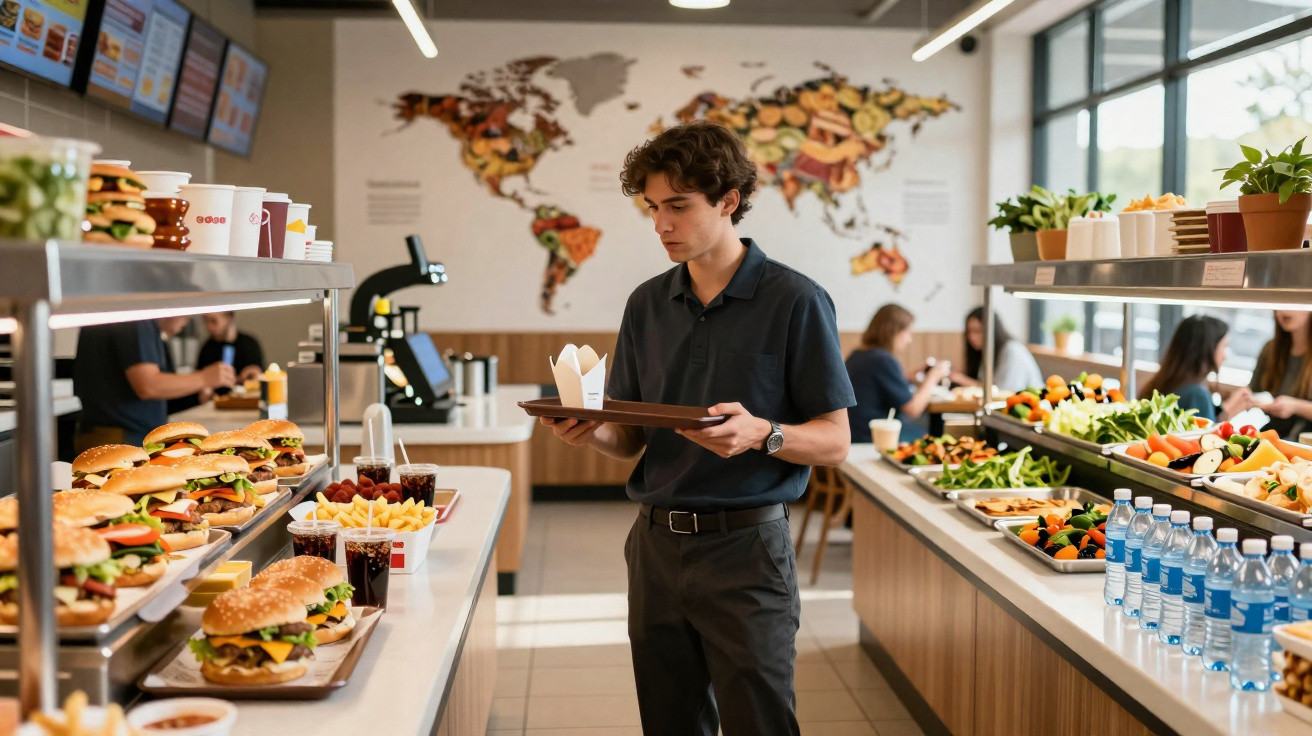 Homem com prato e telemóvel escolhe comida num buffet self-service com hambúrgueres, saladas e garrafas de água.