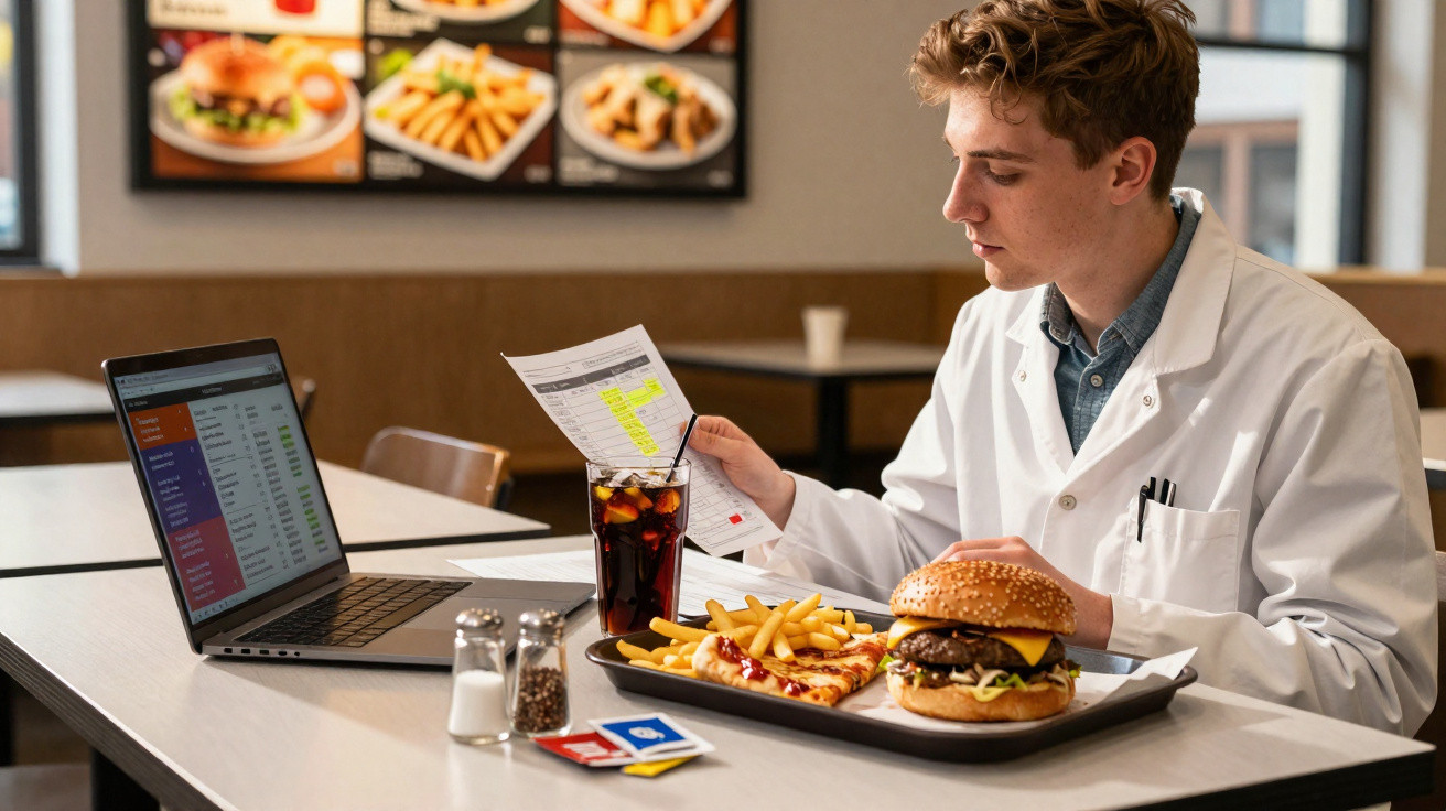 Homem sentado a analisar listas enquanto come hambúrguer, batatas fritas e pizza num restaurante.