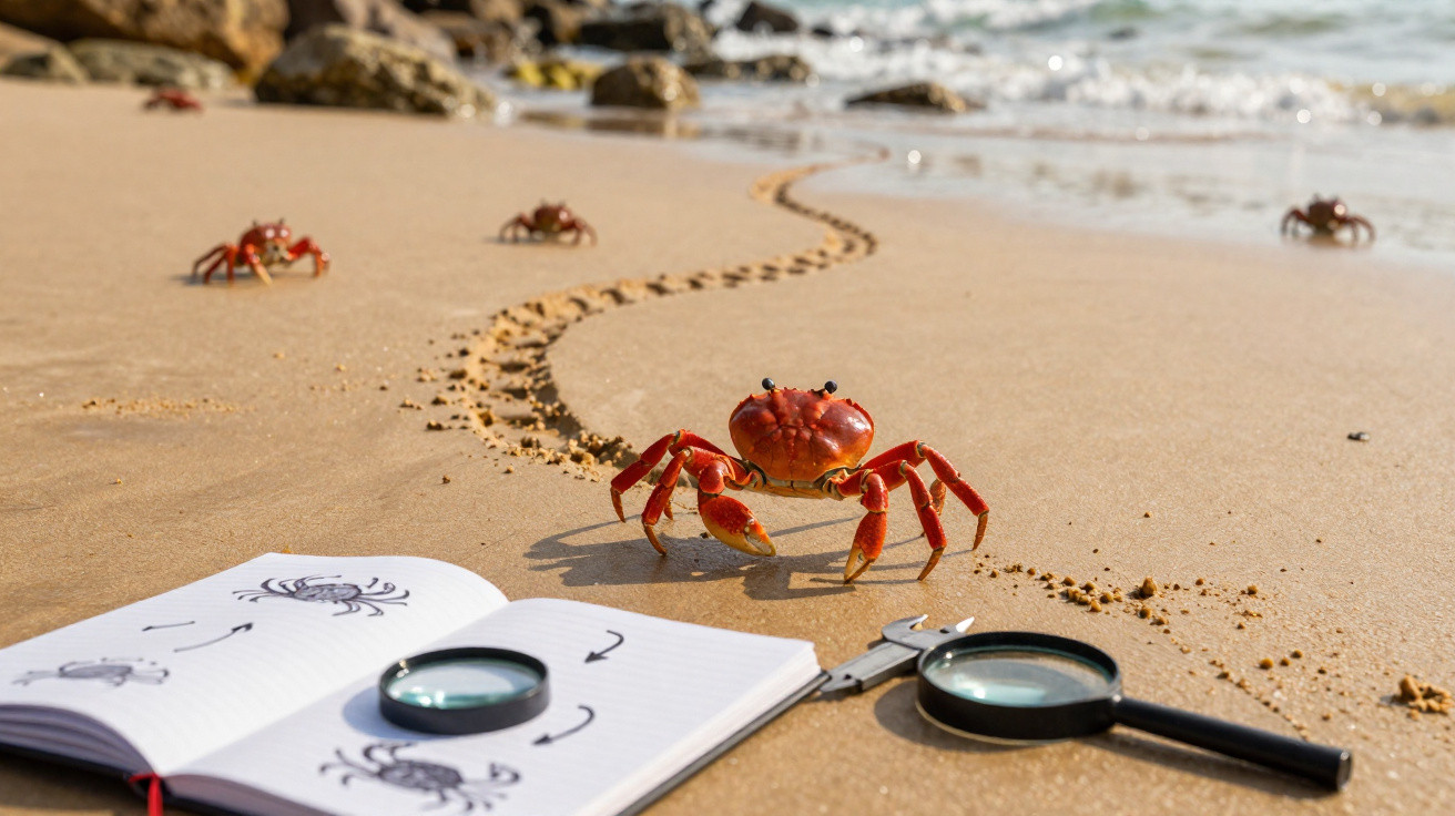 Caranguejo vermelho na areia da praia junto a caderno, lupa e paquímetro com pegadas na areia.