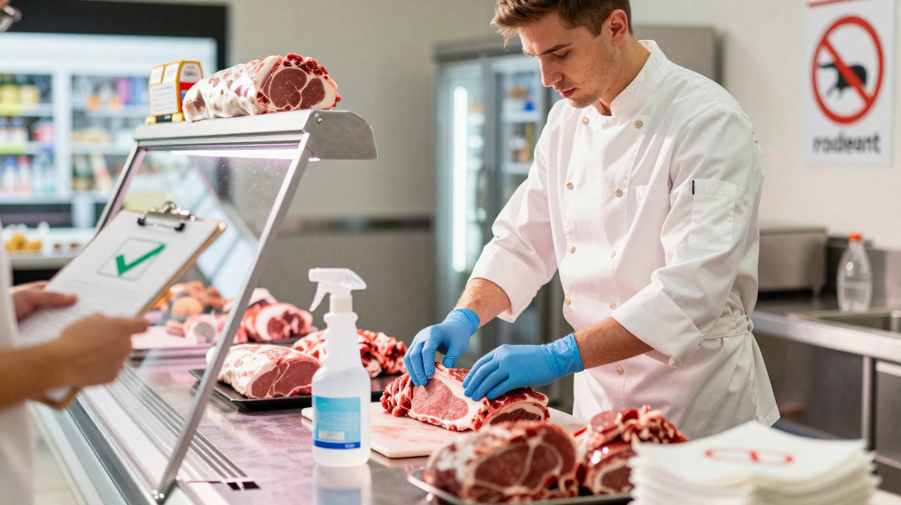 Talhante com luvas azuis a preparar carne numa loja, enquanto outra pessoa segura um clipboard com aprovação.