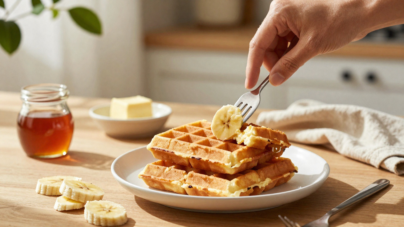 Mão a colocar fatias de banana em waffle empilhado com manteiga e xarope numa mesa de madeira.