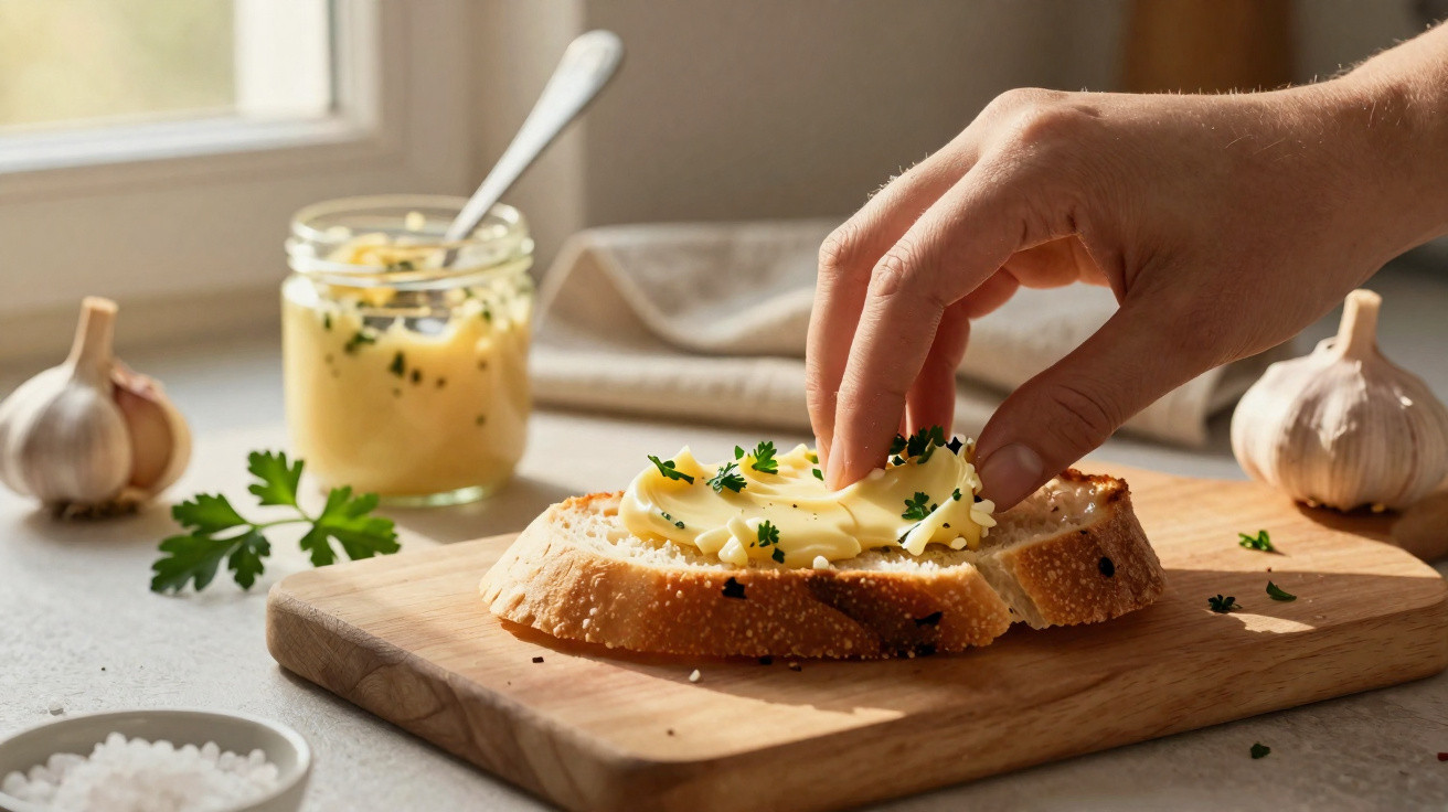 Mão a colocar manteiga com ervas num pão numa tábua de madeira numa cozinha iluminada.
