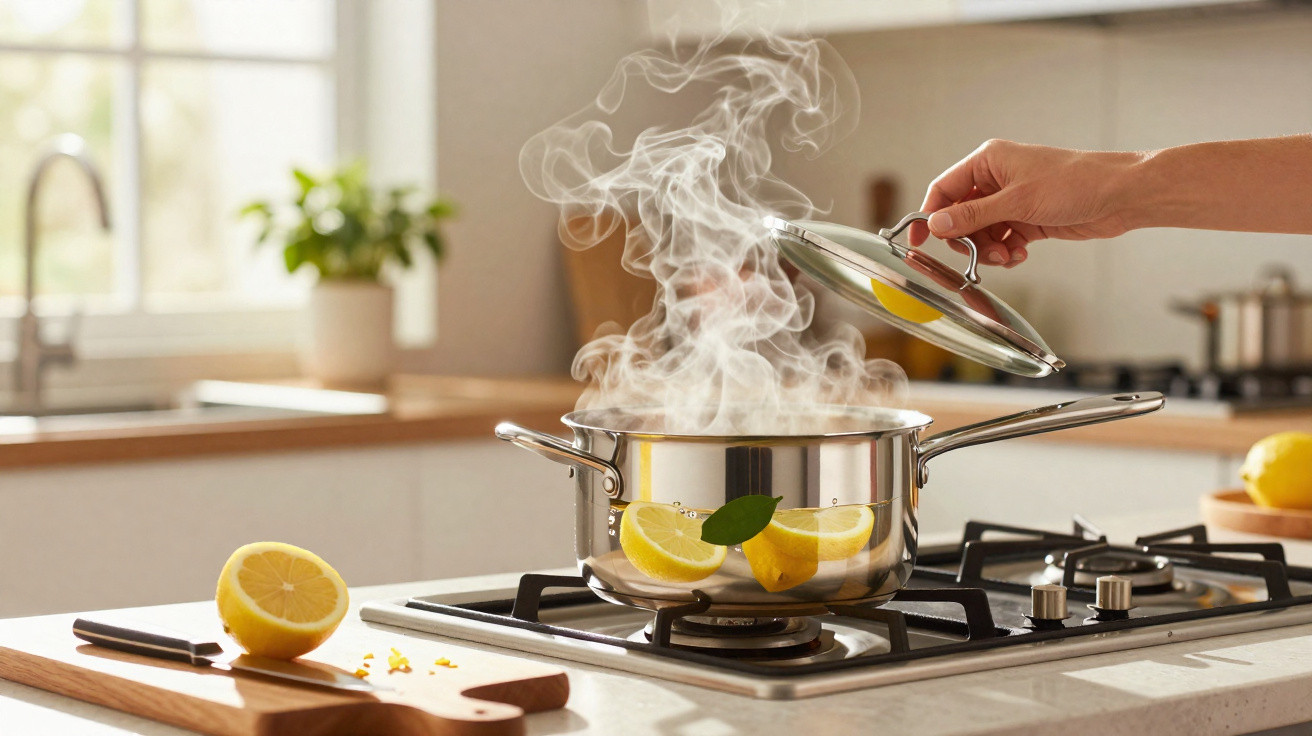 Panela a ferver com vapor e limões na cozinha clara, mão a levantar tampa da panela.