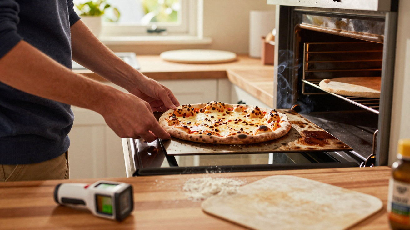 Pessoa a retirar pizza fumegante do forno numa cozinha com bancada de madeira e massa estendida.