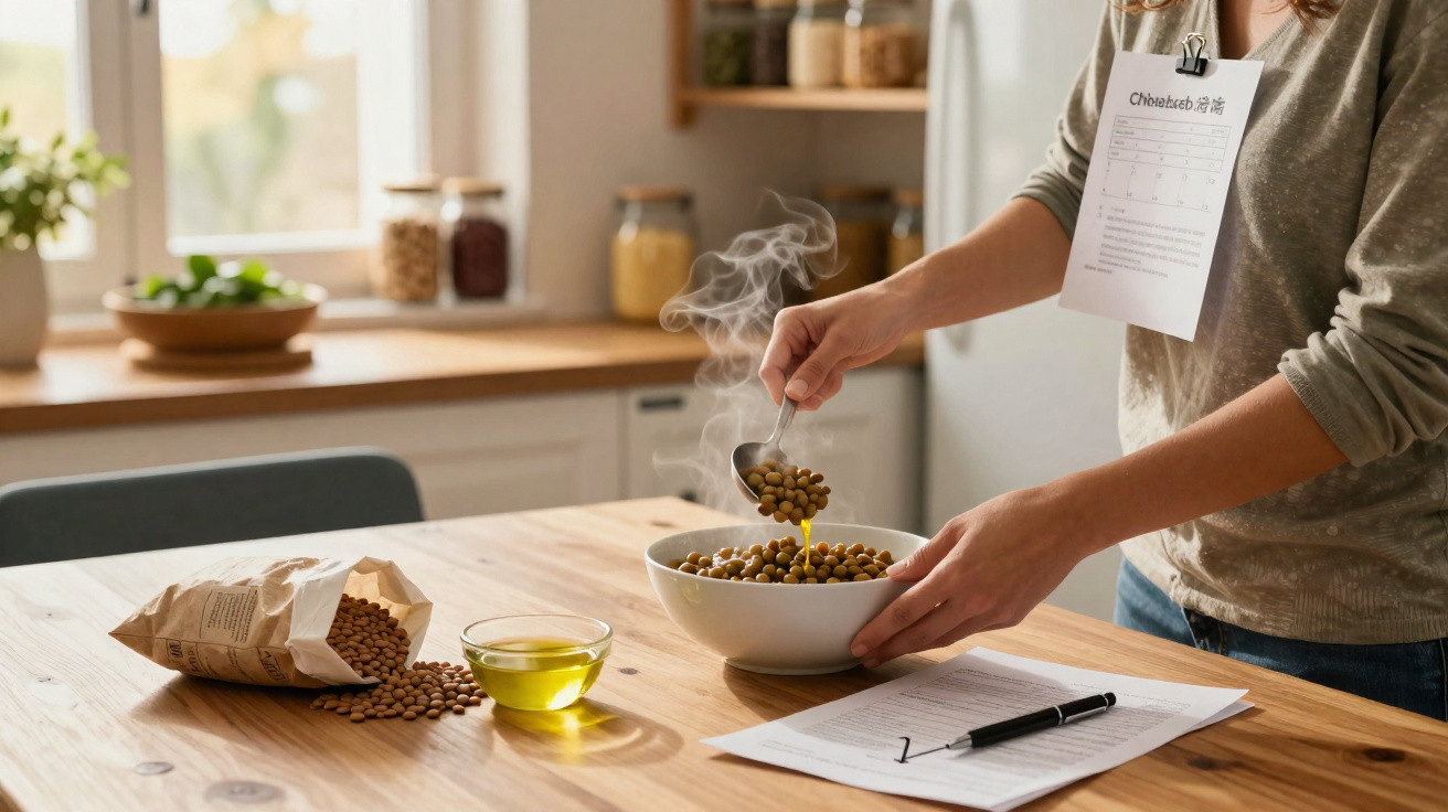Pessoa a cozinhar grão-de-bico numa cozinha moderna com vapor a sair da tigela branca.