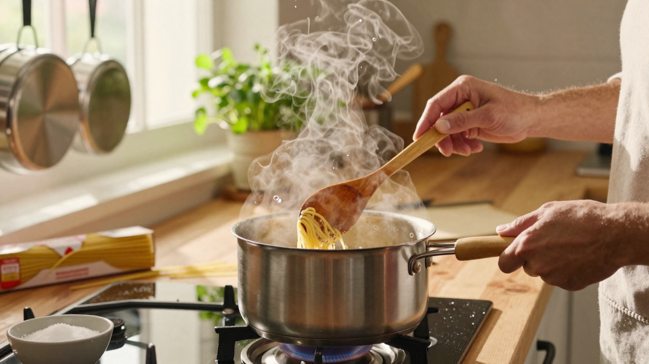 Pessoa a mexer massa a ferver numa panela no fogão numa cozinha luminosa com ervas frescas.