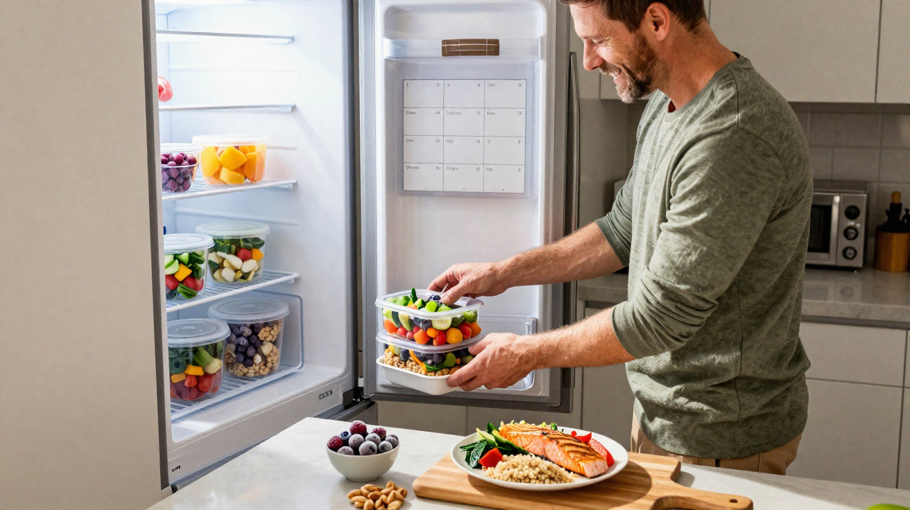 Homem a guardar legumes cortados em frascos dentro do frigorífico na cozinha moderna.