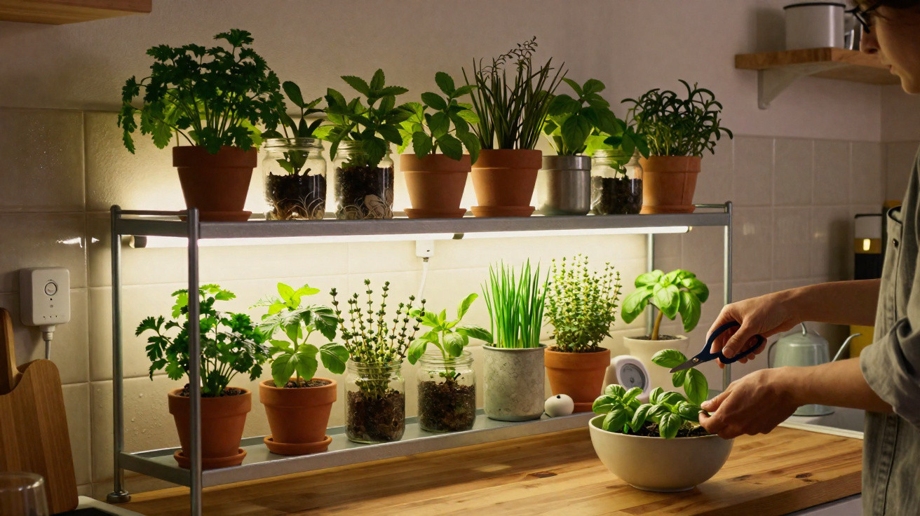 Estante com diversas plantas aromáticas em potes, numa cozinha iluminada, com pessoa a colher folhas para comida.