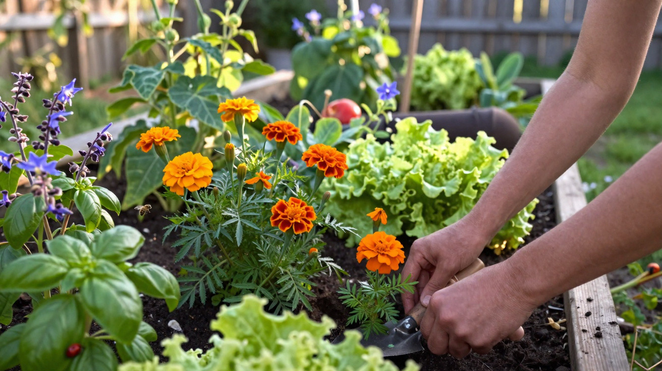 Mãos a cultivar flores amarelas e plantas verdes num canteiro de jardim em dia solarengo.