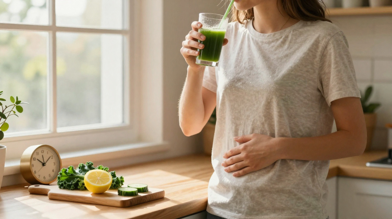 Mulher a beber sumo verde saudável na cozinha com legumes frescos e limão na bancada iluminada por luz natural.