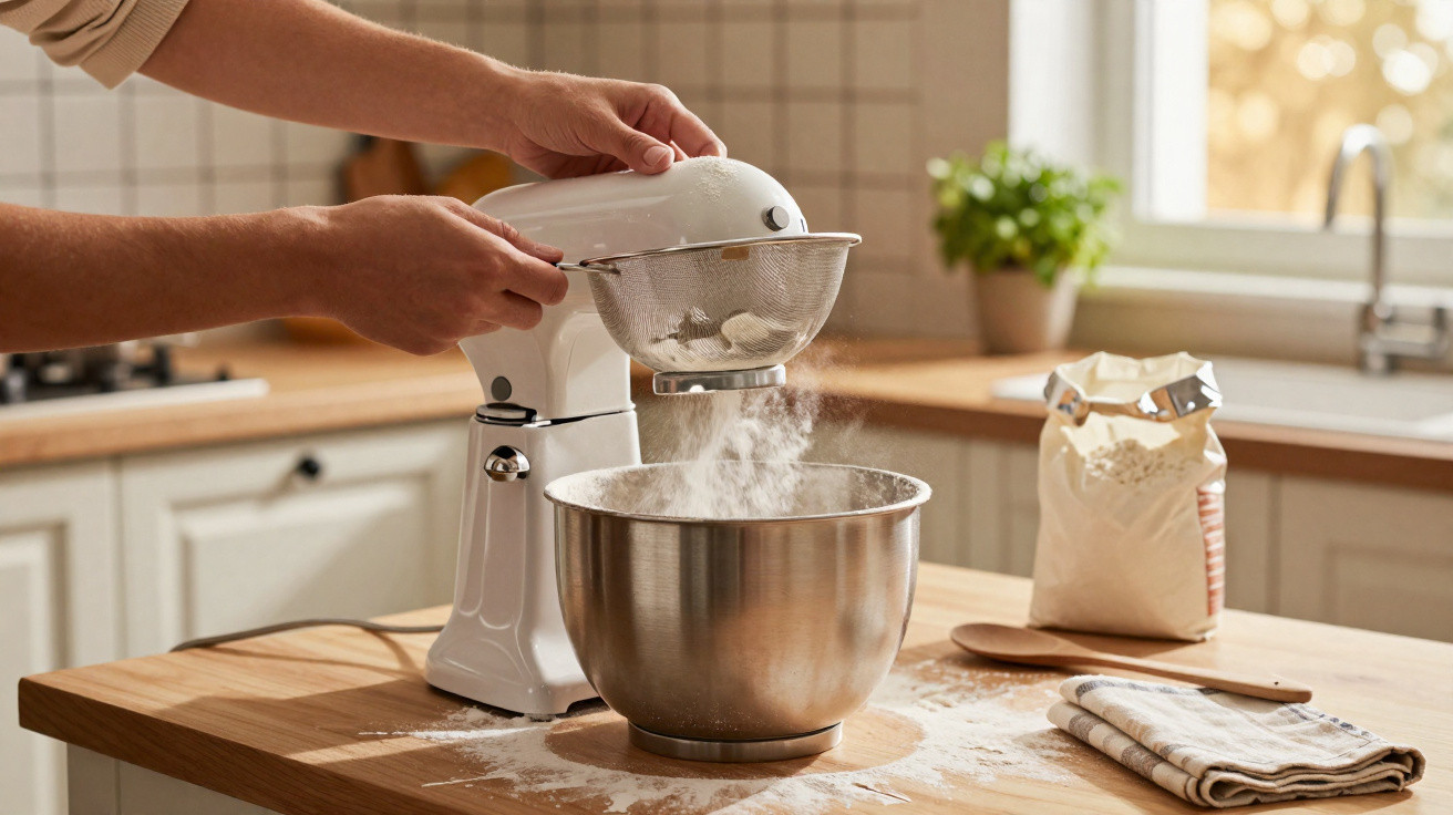 Pessoa a usar batedeira para peneirar farinha numa cozinha luminosa com utensílios sobre a bancada.