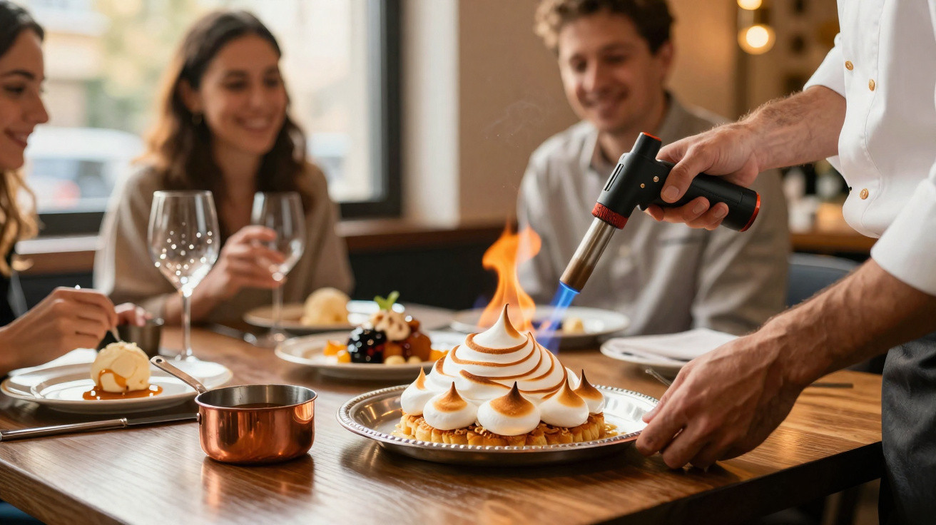 Chef flambeia sobremesa com merengue enquanto grupo de pessoas observa à mesa de jantar.