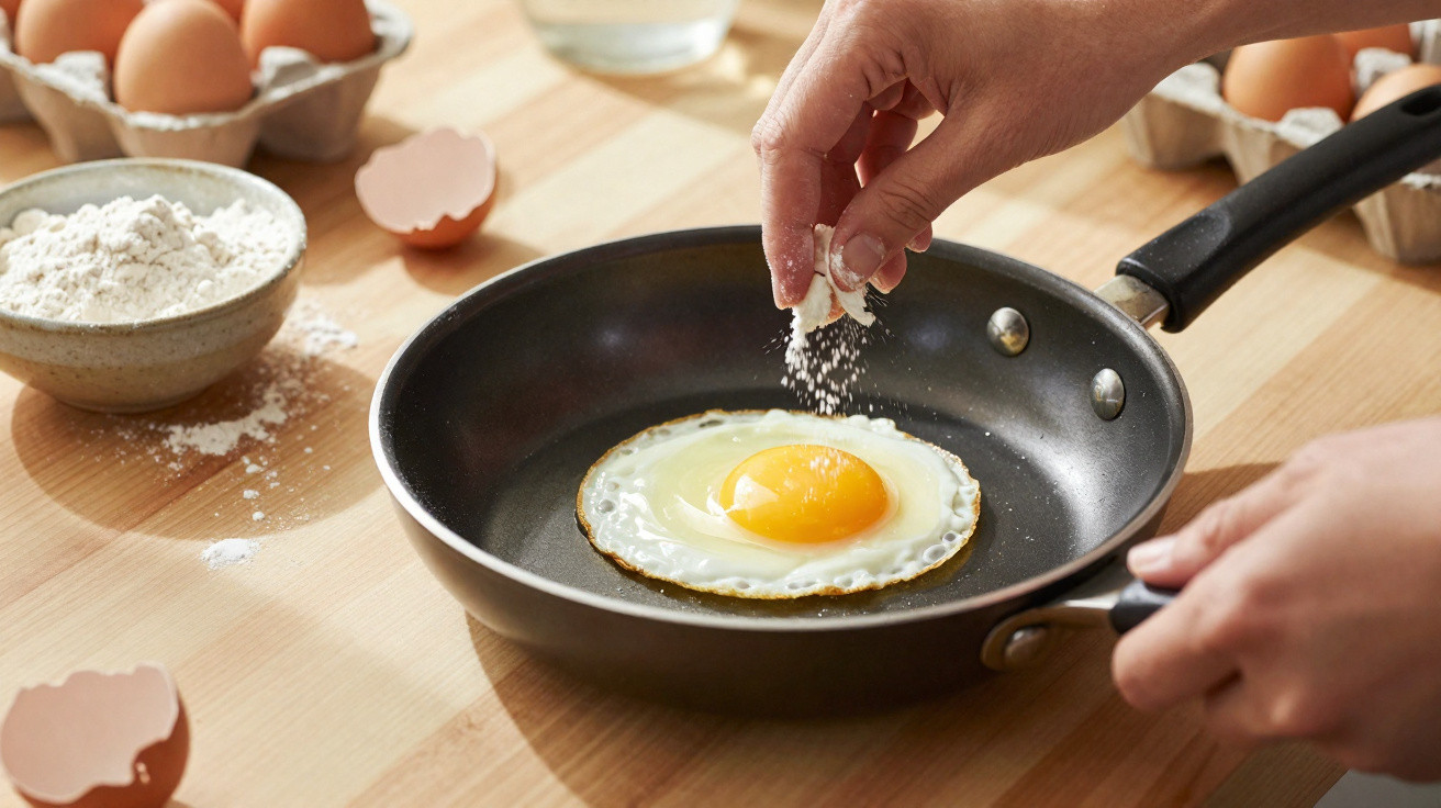 Mãos a polvilhar farinha sobre um ovo estrelado numa frigideira numa cozinha com ovos e cascas ao fundo.