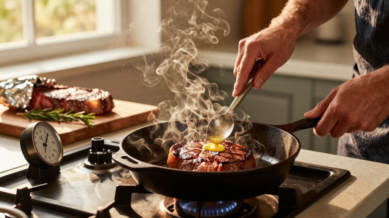 Mão a colocar manteiga numa posta de carne a cozinhar numa frigideira de ferro num fogão a gás.