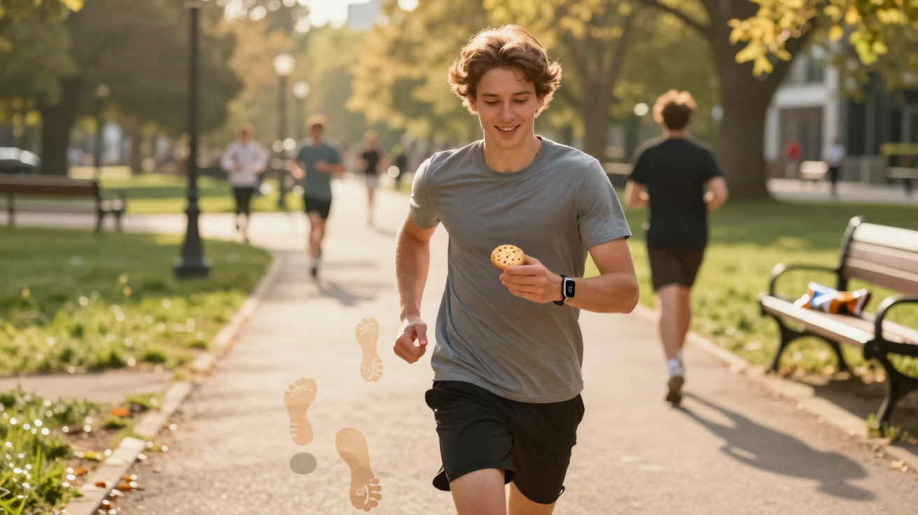 Jovem a correr num parque com uma tarte na mão, enquanto outras pessoas correm ao fundo.