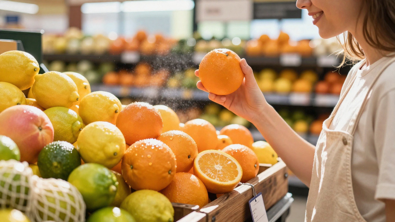 Pessoa a segurar uma laranja numa feira, com frutas cítricas frescas e sacola de rede ao lado.