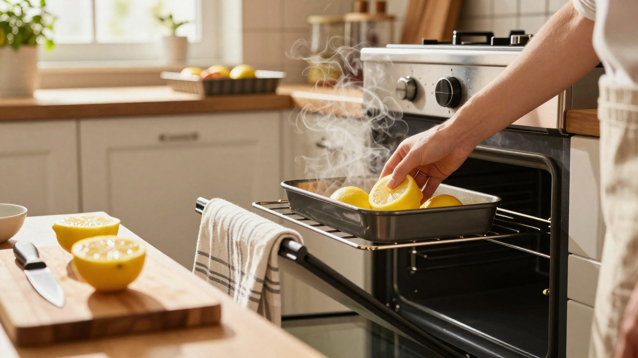 Pessoa a retirar forma com limões quentes do forno numa cozinha luminosa e acolhedora.