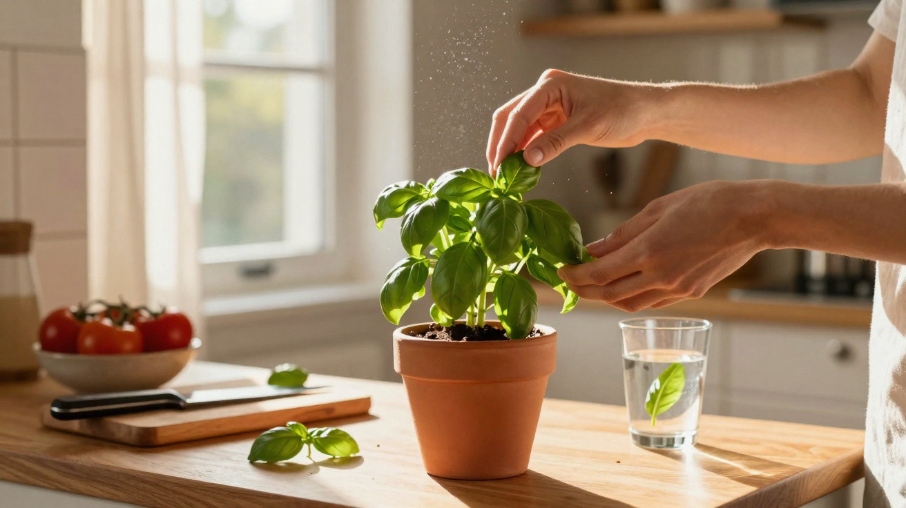 Pessoa a apanhar folhas de manjericão numa planta num vaso, numa cozinha luminosa com tomates no fundo.