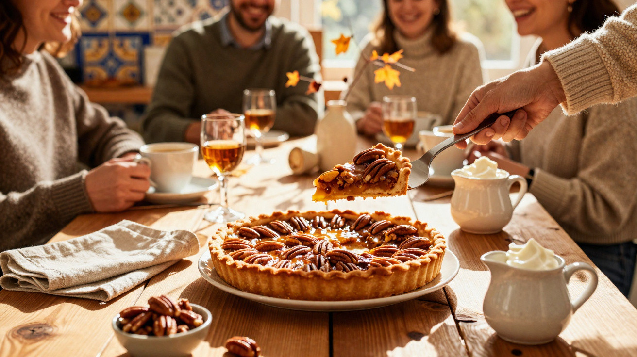 Fatia de tarte de noz-pecã a ser servida numa mesa com quatro pessoas felizes e chá quente.
