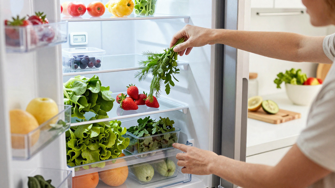 Pessoa a guardar cenoura no frigorífico com frutas e legumes frescos organizados nas prateleiras.