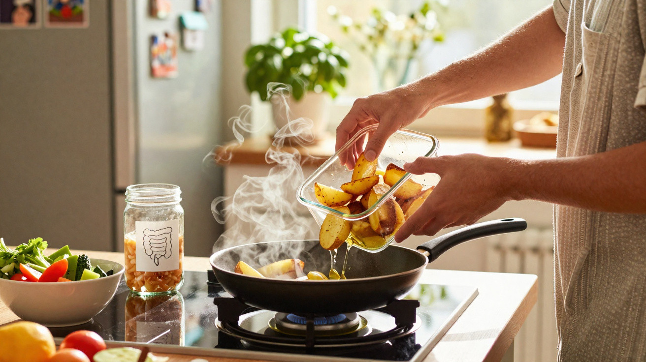 Pessoa a cozinhar batatas numa frigideira numa cozinha luminosa com jarra e tigela de legumes ao lado.