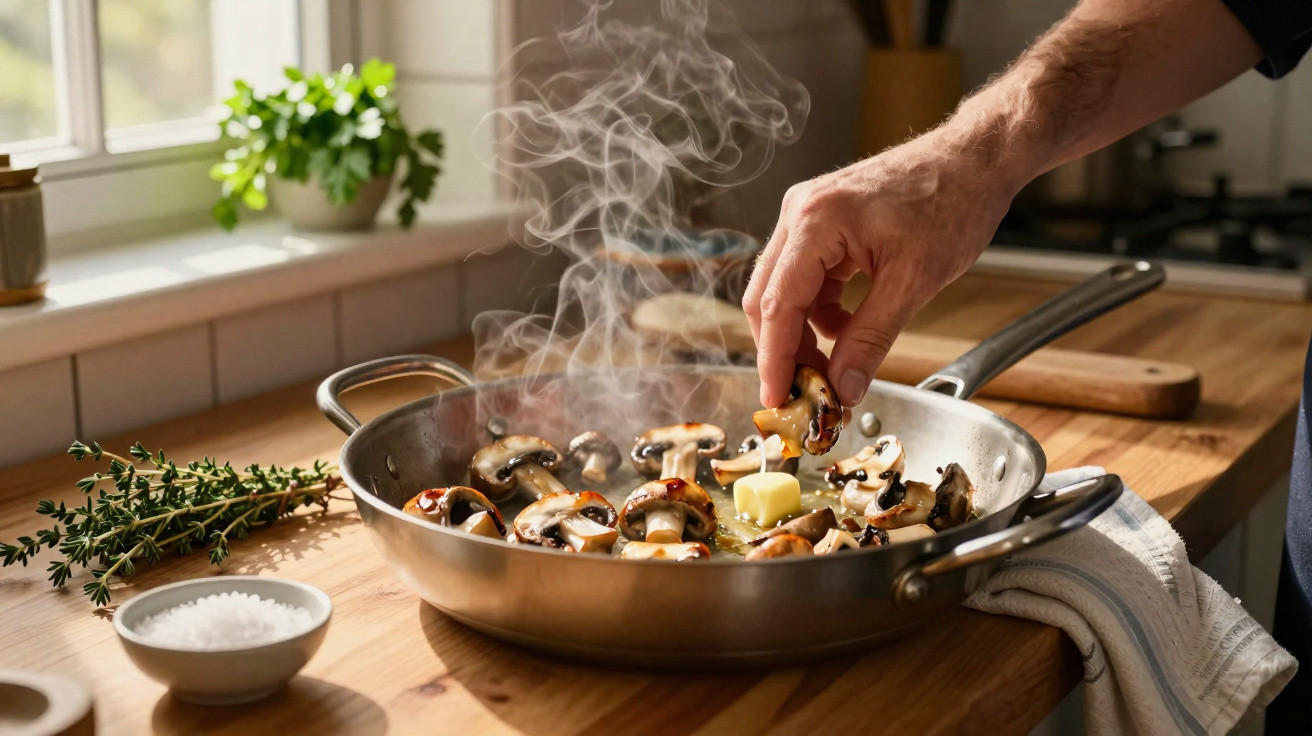 Mão a mexer cogumelos a fritar numa frigideira de inox com vapor a sair, numa cozinha iluminada.