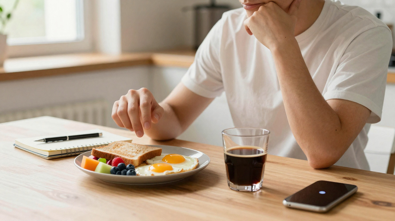 Pessoa sentada a tomar pequeno-almoço com ovos, fruta, torradas, café, telemóvel e caderno na mesa de madeira.