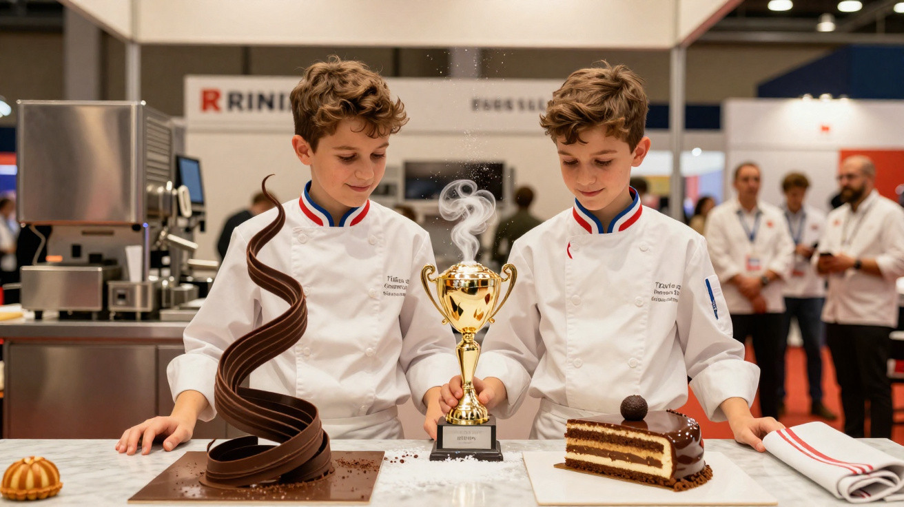 Dois jovens chefs a segurar um troféu entre duas sobremesas de chocolate num concurso de culinária.