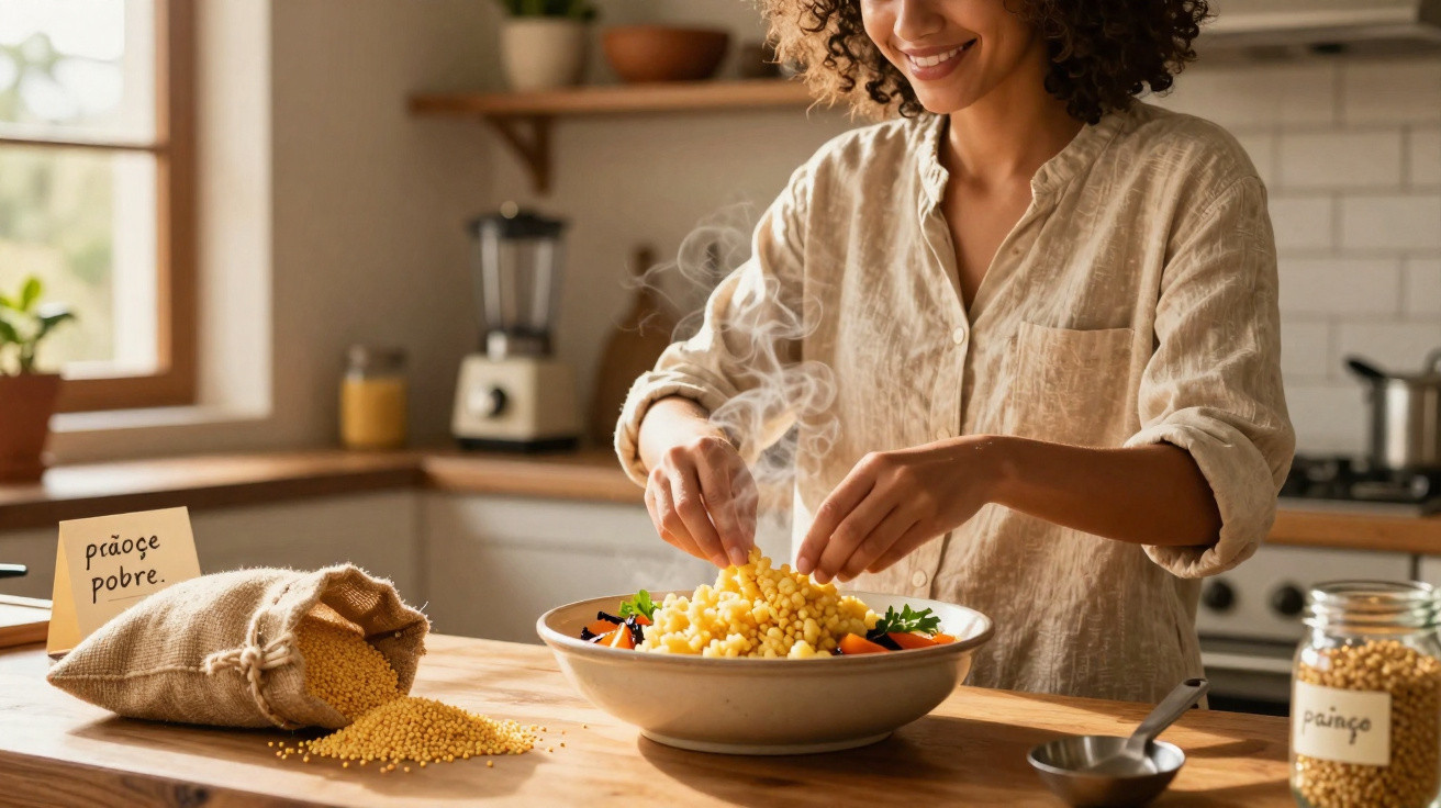 Mulher a servir uma tigela fumegante de painço cozinhado com legumes na cozinha.