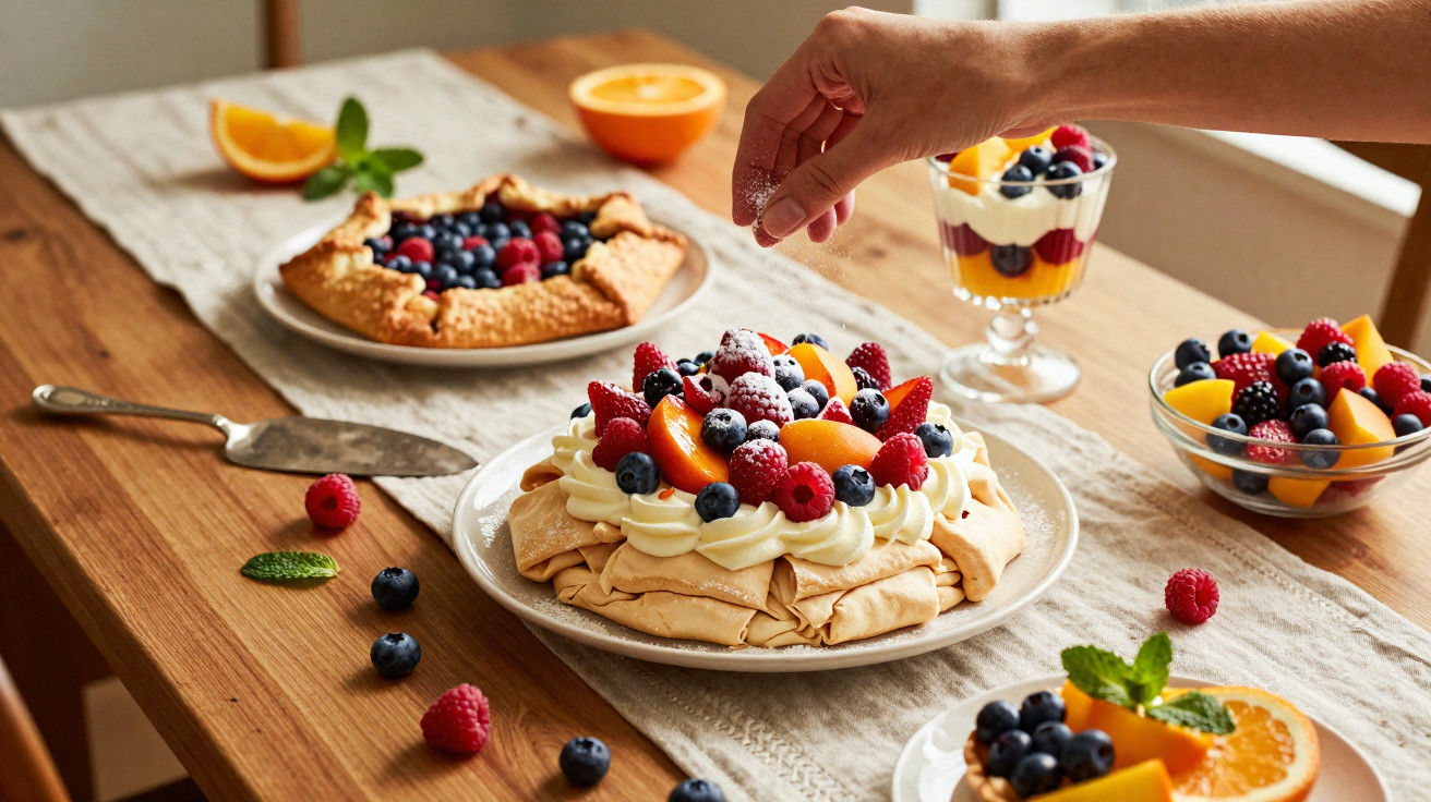 Mão a polvilhar açúcar em bolo com frutos vermelhos e creme numa mesa com várias sobremesas e frutas.