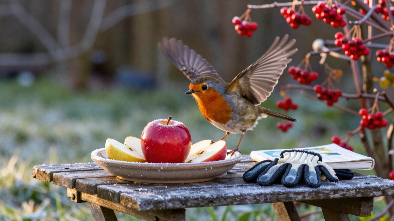 Pássaro com peito laranja prestes a pousar numa mesa com maçãs, luvas de jardinagem e caderno junto a raminhos com bagas verm