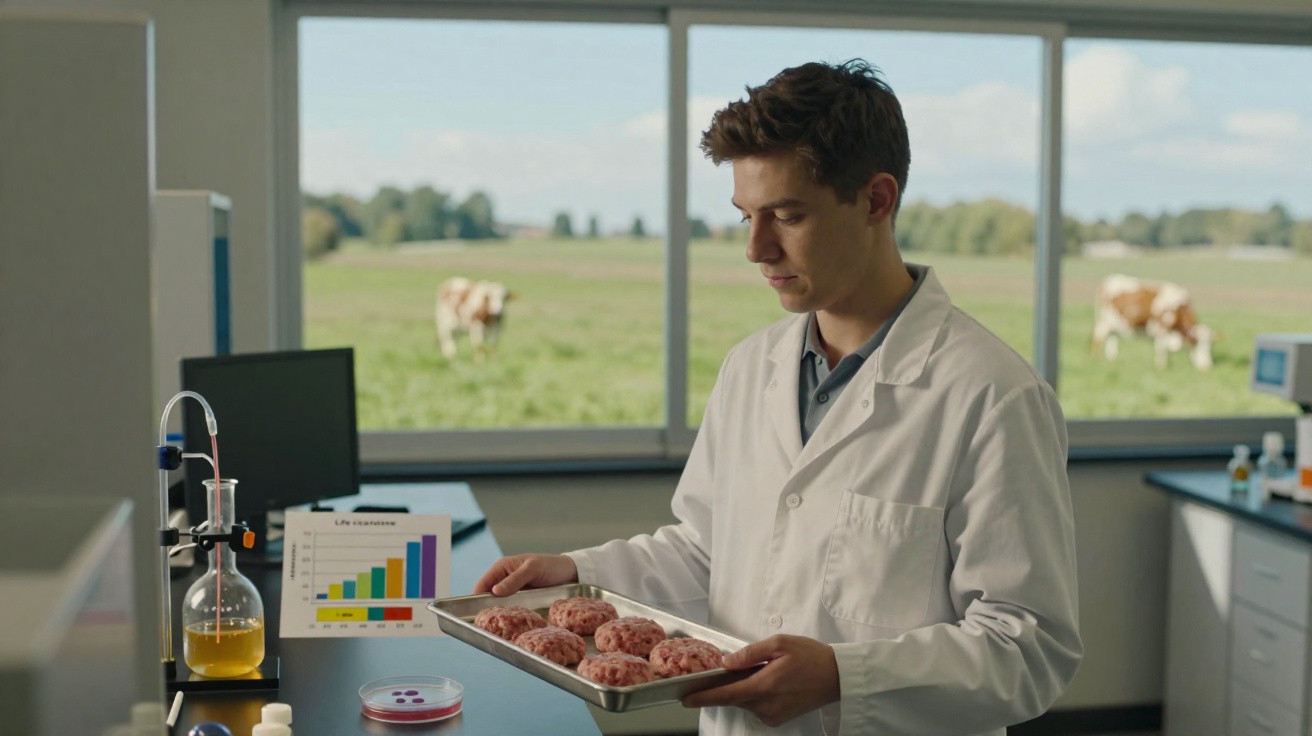 Jovem cientista de bata branca examina amostras de carne cultivada num laboratório com janela para campo.