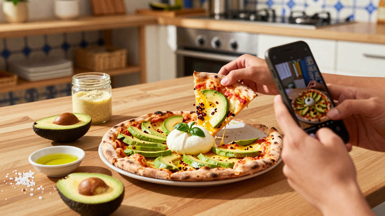 Pessoa a tirar foto a pizza com abacate e queijo burrata numa mesa de madeira numa cozinha moderna.