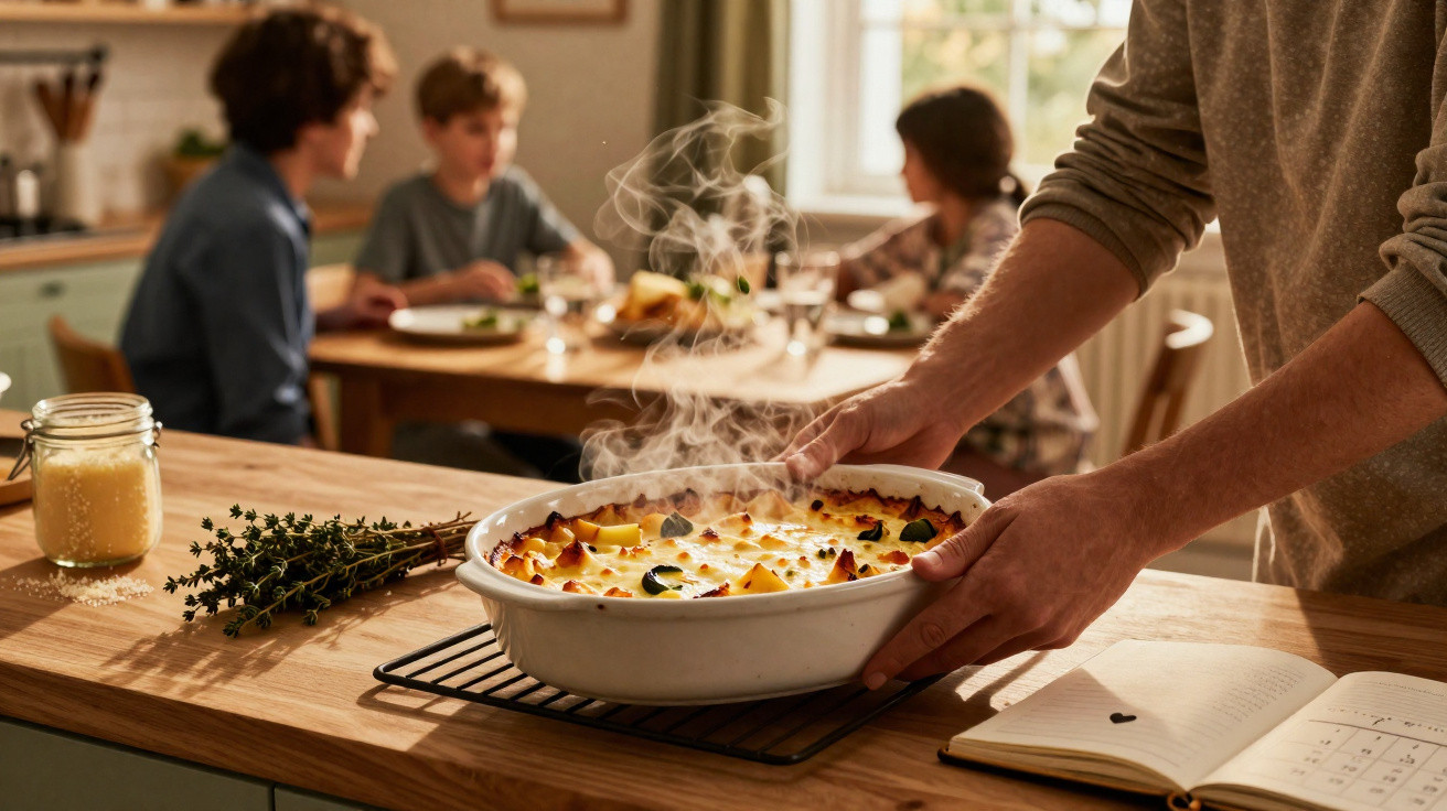 Mãos a retirar do forno uma travessa fumegante de gratinado, com crianças sentadas à mesa ao fundo.
