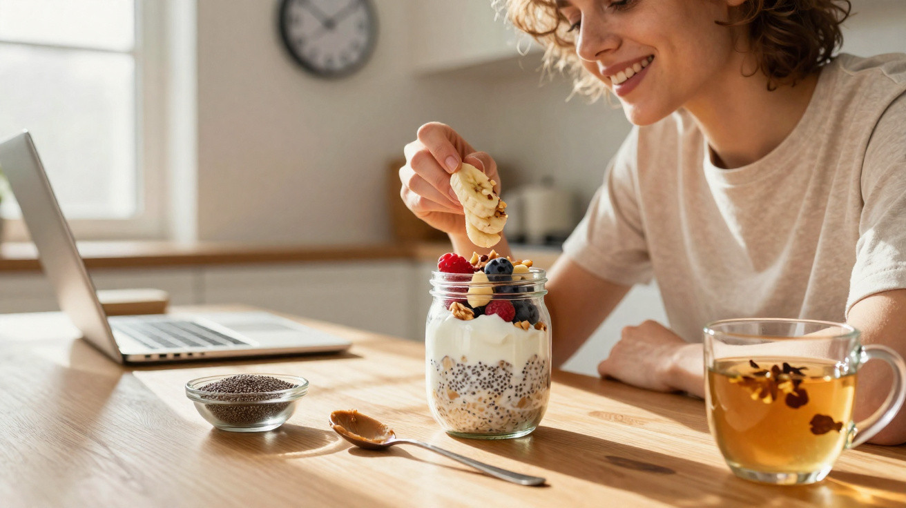 Mulher a comer iogurte com frutas e sementes ao lado de chá e computador numa mesa de cozinha iluminada.
