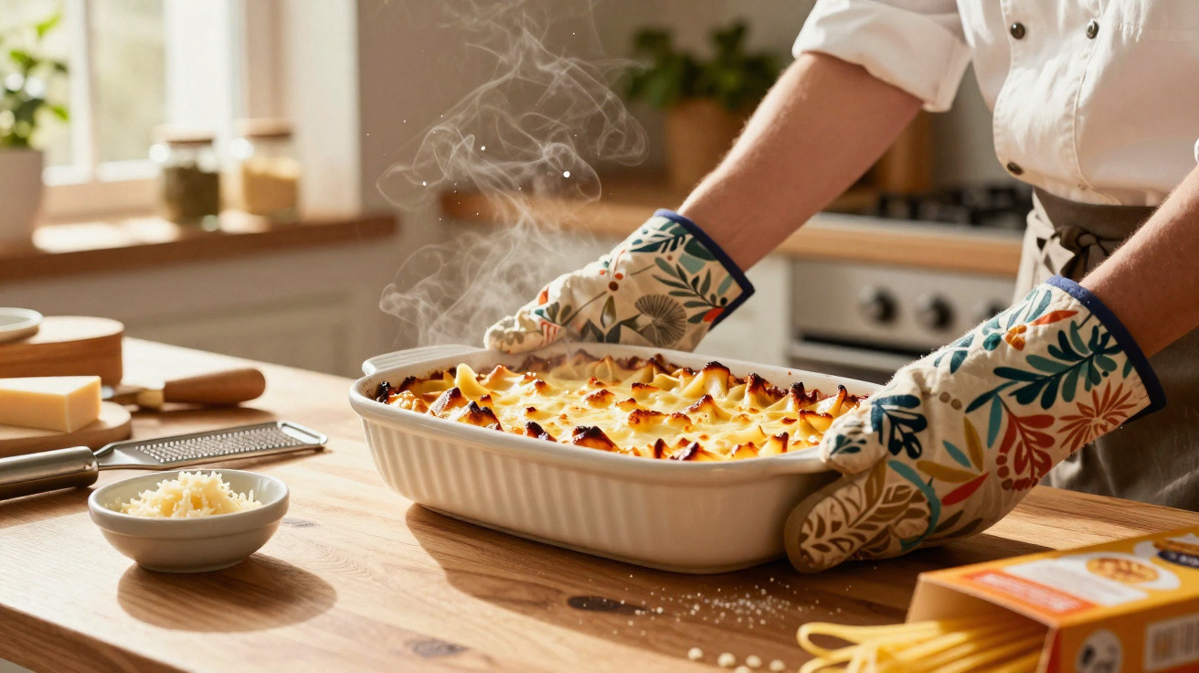 Pessoa a segurar uma travessa com batatas duchessa acabadas de sair do forno, com vapor a subir.