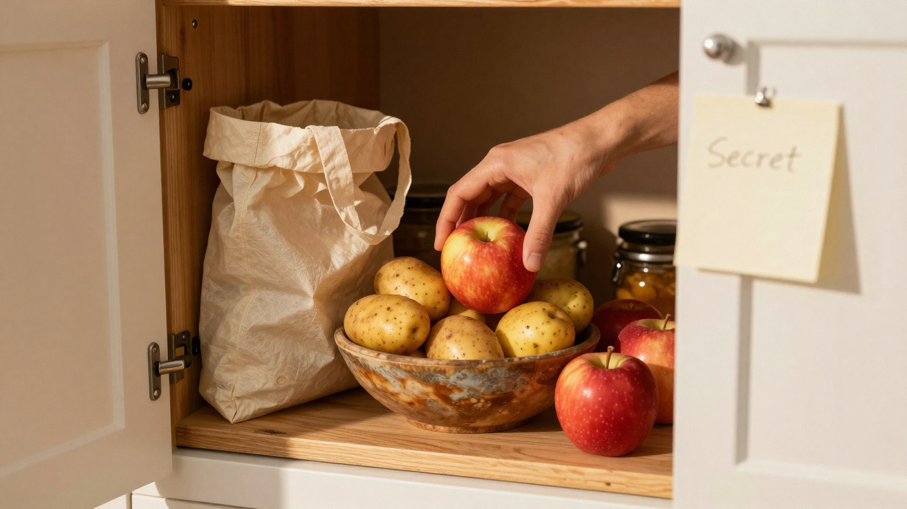 Mão a pegar uma maçã numa taça com batatas num armário de cozinha junto a um saco com etiqueta "Secret".