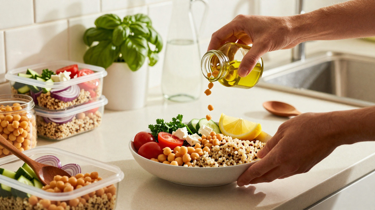 Mão a deitar azeite sobre salada com grão, quinoa, tomate, cebola, salsa e limão numa cozinha iluminada.