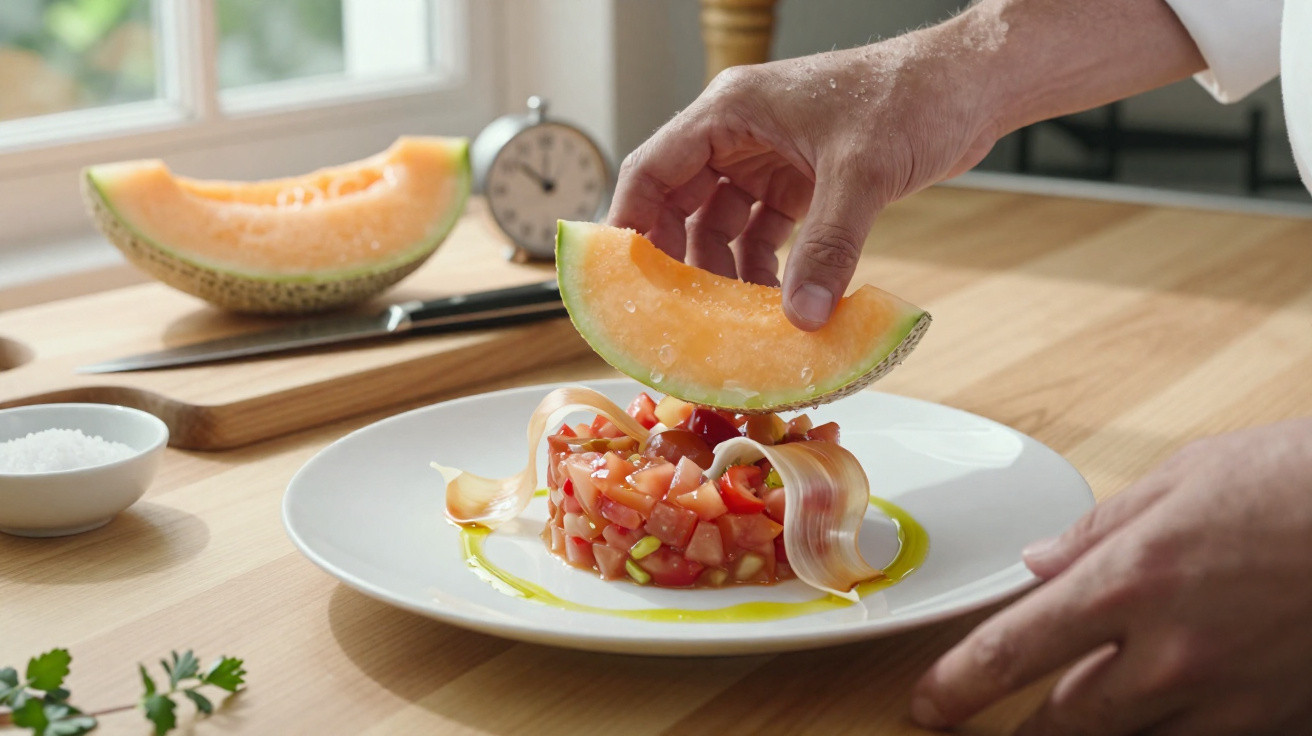 Mãos de chef a colocar uma fatia de melão melada num prato com tartar de tomate e bacon, na cozinha.