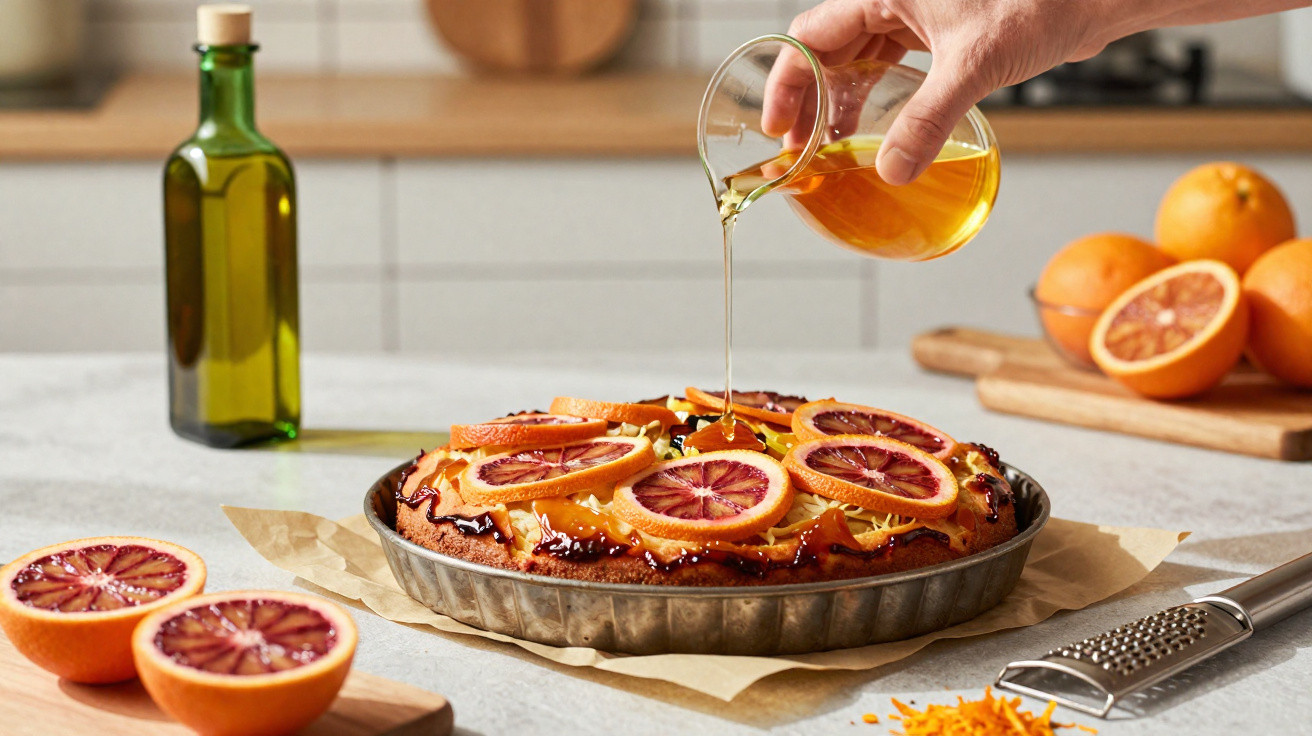 Pessoa a verter calda sobre tarte decorada com rodelas de laranja sanguínea numa cozinha iluminada.