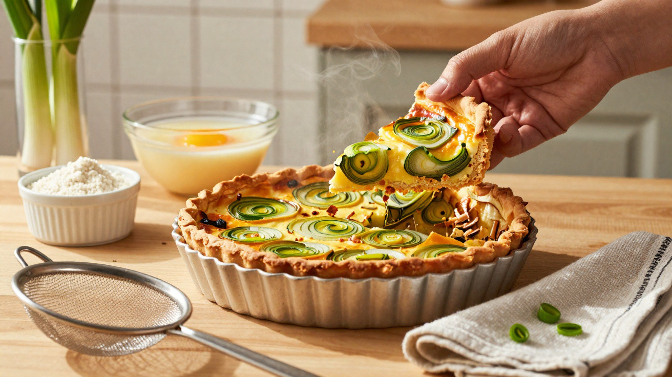 Tarte quente de alho-francês com queijo derretido a ser servida numa mão sobre uma mesa de madeira.