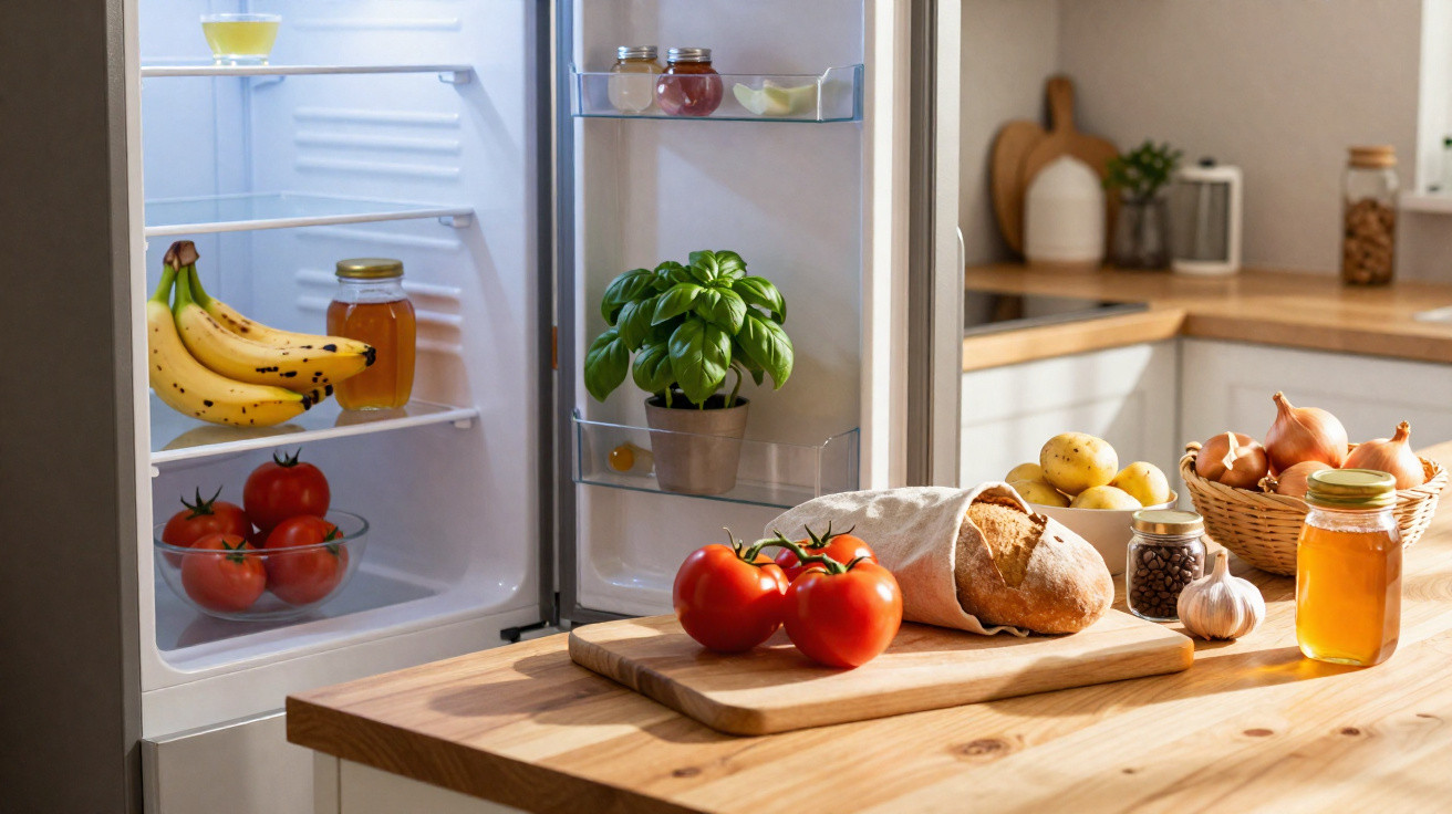 Frigorífico aberto com bananas, tomates e frascos, e bancada com tomates, pão, alho, mel e legumes numa cozinha iluminada.