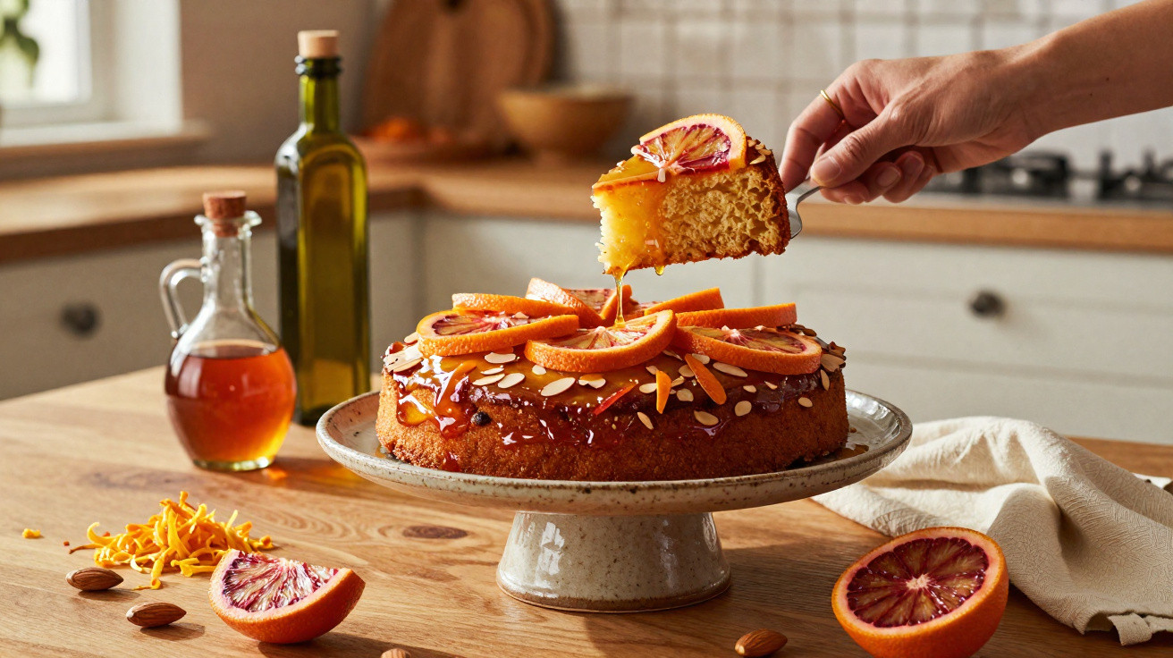 Bolo com cobertura de laranja e amêndoas num prato cerâmico, com uma fatia a ser retirada.