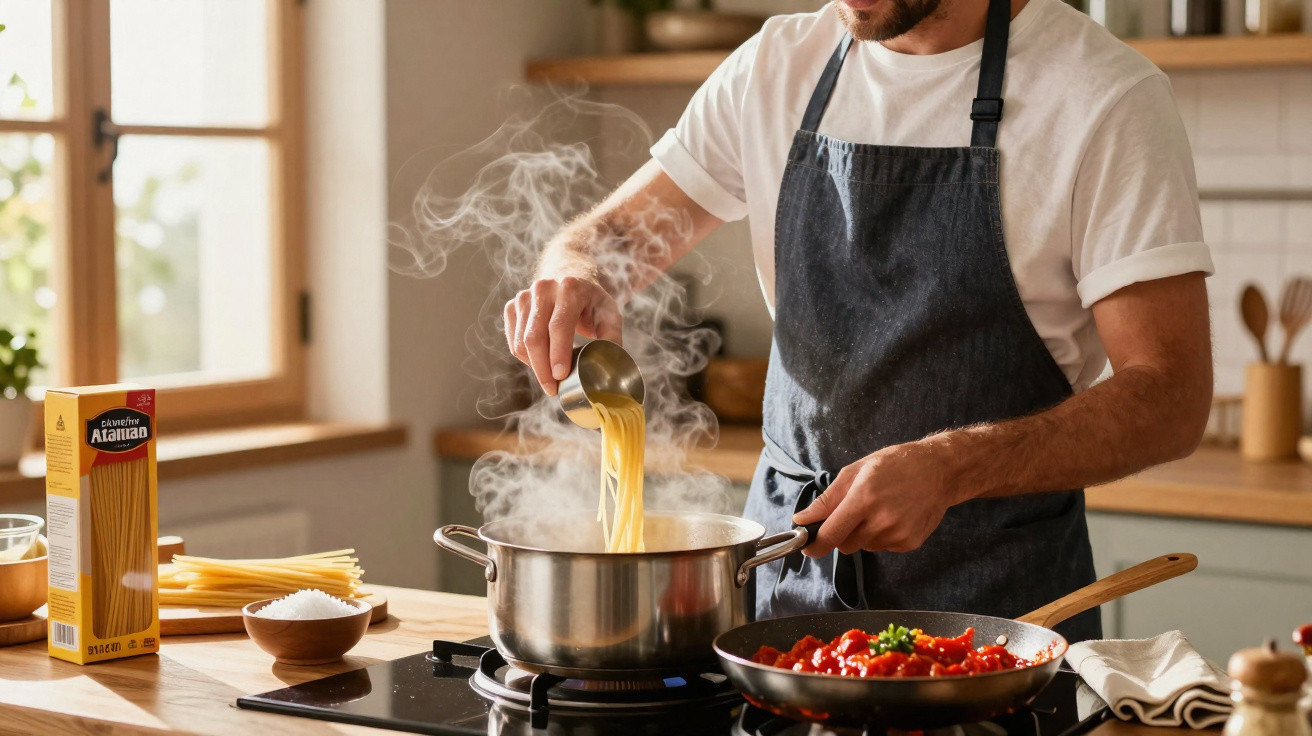 Homem a cozinhar esparguete numa cozinha moderna com molho a ferver ao lado.