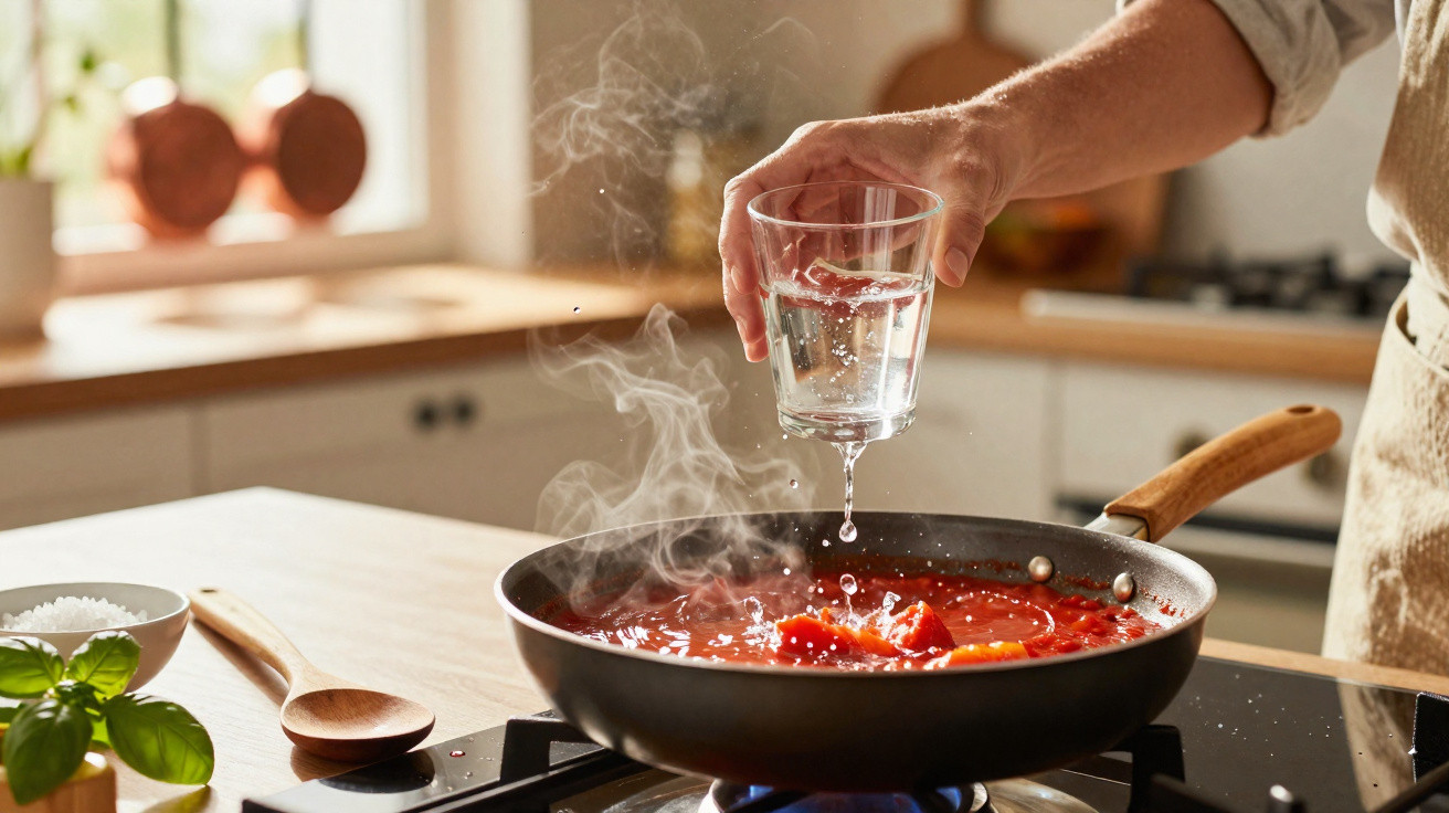 Pessoa a deitar água numa frigideira com molho de tomate a cozinhar num fogão a gás numa cozinha iluminada.