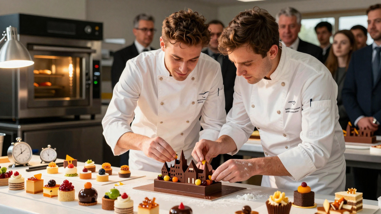 Dois chefs a decorar uma sobremesa elaborada em chocolate numa cozinha profissional com outros doces à frente.