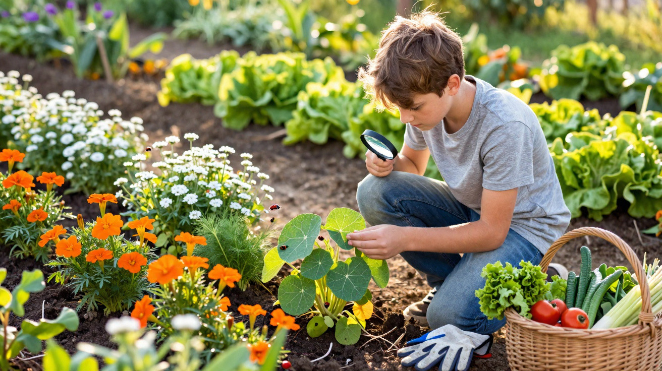 Menino a observar uma joaninha com lupa num jardim cheio de flores e legumes frescos.