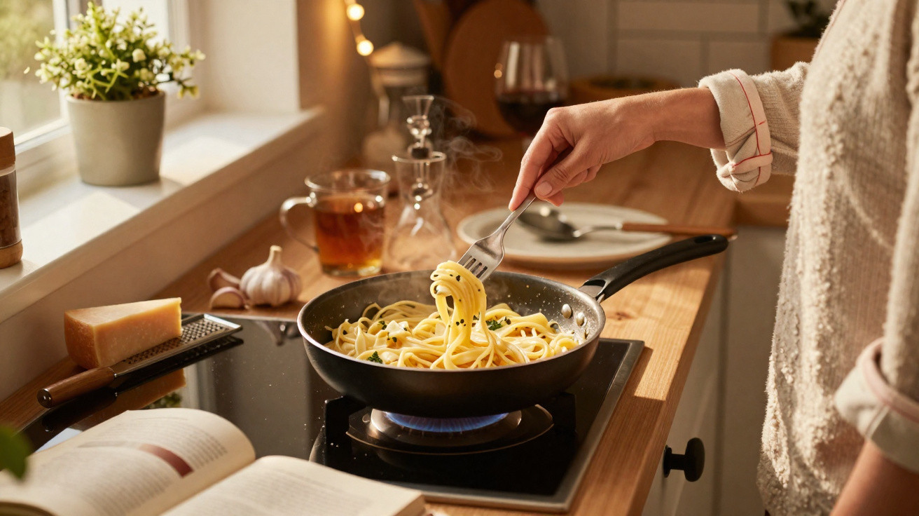 Pessoa a cozinhar massa numa frigideira numa cozinha iluminada a luz natural, com livro aberto e chá na bancada.